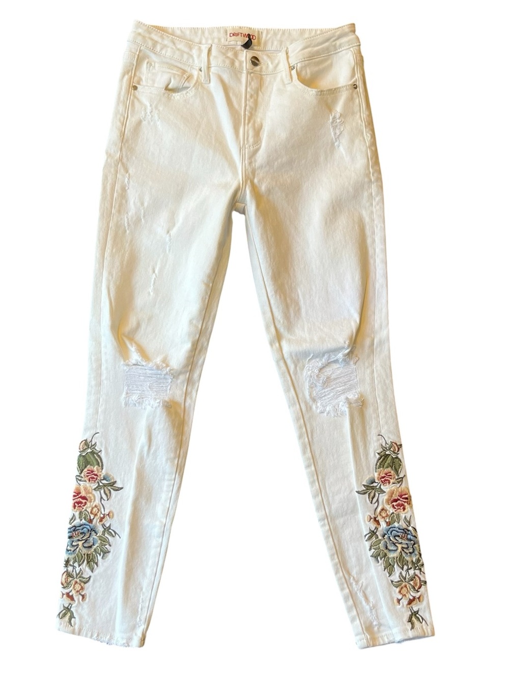 Driftwood jeans 26 Gizelle Girlfriend slim fit Ivory Embroidered floral Mid rise